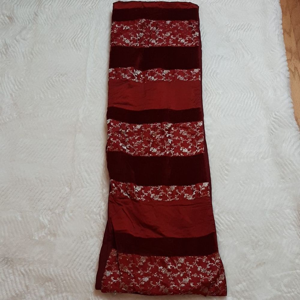 Crate & Barrel Christmas Red  Velour‎  Gold Engraved  Holly Table Runner 90 L